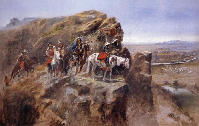 Charles M Russell Indians on a Bluff Surverying General Miles-Troops Spain oil painting art